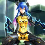  blue_hair bodysuit brown_eyes cameltoe covered_navel gradient_hair highres multicolored_hair phantasy_star phantasy_star_online_2 pink_hair quna_(pso2) shuuji_(shumi) solo squatting yellow_bodysuit zelsius 