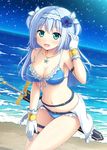  bad_id bad_pixiv_id bangs beach bikini blue_eyes blue_hair breasts cleavage cowboy_shot diffraction_spikes eyebrows_visible_through_hair flower gloves hair_flower hair_ornament hair_ribbon hairband hibiscus highres jewelry leaning_forward long_hair looking_at_viewer medium_breasts million_arthur_(series) nakamura_sumikage night open_mouth original pendant ribbon solo standing star swimsuit sword two_side_up weapon 