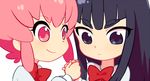  black_eyes black_hair close-up expressionless holding_hands jakuzure_nonon kill_la_kill kiryuuin_satsuki multiple_girls pink_eyes pink_hair sako smile younger 