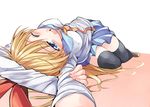  bibi black_legwear blonde_hair blue_eyes breasts from_above hairband kirisaki_chitoge long_hair lying medium_breasts nisekoi on_back one_eye_closed school_uniform skirt solo stretch thighhighs zettai_ryouiki 