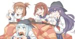  akatsuki_(kantai_collection) aqua_eyes aqua_hair brown_eyes brown_hair clenched_teeth controller flat_cap folded_ponytail food fruit game_console game_controller hair_ornament hairclip hat hibiki_(kantai_collection) ido_(teketeke) ikazuchi_(kantai_collection) inazuma_(kantai_collection) kantai_collection kotatsu long_hair long_sleeves mandarin_orange mouth_hold multiple_girls neckerchief playing pleated_skirt purple_eyes purple_hair sailor_collar school_uniform senbei serafuku short_hair simple_background skirt sweat table teeth under_kotatsu under_table white_background wii wii_remote 