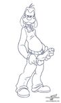  anthro balls bow_tie canine clothing digital_media_(artwork) disney erection goofy holding_penis humanoid_penis line_art long_penis looking_at_viewer male mammal monochrome naughty_face open_pants pants penis penis_through_fly pinup poking_out pose signature smirk solo standing uncut wolfblade 