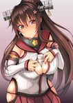  breasts brown_hair curvy hair_ornament headgear highres kantai_collection large_breasts long_hair looking_at_viewer miyoshi_(triple_luck) ponytail red_eyes solo textless yamato_(kantai_collection) 