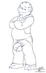  anthro balls barefoot bear berenstain_bears chubby crossed_arms digital_media_(artwork) dripping flaccid looking_at_viewer male mammal monochrome overalls papa_bear penis penis_through_fly poking_out precum signature smile solo standing uncut wolfblade 