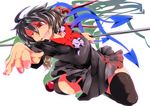  arm_up asymmetrical_wings black_dress black_hair black_legwear bow clenched_teeth dress houjuu_nue kneeling looking_at_viewer no_panties open_mouth polearm puffy_short_sleeves puffy_sleeves red_eyes red_footwear shoes short_sleeves solo teeth teinba thighhighs touhou trident uneven_eyes weapon wings zettai_ryouiki 