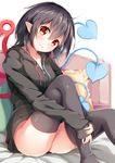  ahoge asymmetrical_wings bed black_hair black_legwear blush bottomless collarbone drawstring ears head_tilt heart highres hood hoodie houjuu_nue igakusei leg_up long_sleeves looking_at_viewer no_panties pillow pointy_ears red_eyes shiny shiny_clothes short_hair simple_background smile solo thighhighs touhou white_background wings zipper 