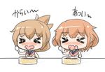  &gt;_&lt; brown_hair check_translation closed_eyes commentary_request fang folded_ponytail food ikazuchi_(kantai_collection) inazuma_(kantai_collection) kantai_collection kotanu_(kotanukiya) long_hair lowres multiple_girls neckerchief open_mouth ponytail school_uniform serafuku short_hair sleeveless spoon translated translation_request wavy_mouth 