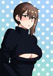  alternate_costume blush breasts brown_eyes brown_hair cleavage_cutout kaga_(kantai_collection) kantai_collection large_breasts looking_at_viewer meme_attire open-chest_sweater polka_dot polka_dot_background short_hair shoukaki_(earthean) side_ponytail solo sweater underboob underboob_cutout upper_body 