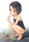  bad_id bad_tumblr_id barefoot black_hair blush brown_eyes competition_school_swimsuit feet food hair_ornament highres idolmaster idolmaster_cinderella_girls looking_at_viewer one-piece_swimsuit popsicle sasaki_chie school_swimsuit sexually_suggestive short_hair solo squatting swimsuit teiryoku_lolita 