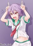  ahoge anti_(untea9) arms_up blush commentary_request fang furrowed_eyebrows highres horns_pose kantai_collection midriff navel open_mouth purple_background purple_hair red_eyes school_uniform serafuku short_hair shorts simple_background solo tama_(kantai_collection) twitter_username 