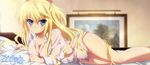  :t absolute_duo absurdres bare_legs bed blonde_hair blue_eyes breasts cleavage copyright_name dress_shirt highres lilith_bristol long_sleeves medium_breasts no_panties no_pants painting_(object) pillow shirt 