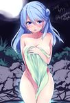  2015 bare_shoulders blue_eyes blue_hair blush breasts covering cowboy_shot dated double_bun kantai_collection kyougoku_touya large_breasts long_hair looking_at_viewer night nude_cover solo towel twitter_username urakaze_(kantai_collection) 