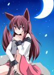  animal_ears bare_shoulders boots brooch brown_hair collarbone crescent_moon cross-laced_footwear dress highres imaizumi_kagerou jewelry lace-up_boots long_hair long_sleeves looking_at_viewer moon night night_sky red_eyes sena_kizahashi sitting sitting_on_rock sky smile solo star star_(sky) starry_moon starry_sky tail touhou wolf_ears wolf_tail 