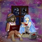  absurdres barefoot blonde_hair blue_eyes blue_hair brand_name_imitation brown_eyes computer denpa_onna_to_seishun_otoko eating feet flying_saucer food highres holding_pizza huge_filesize kneeling laptop multiple_girls pajamas party pinkisch pizza pizza_box pizza_hut sasami-san@ganbaranai shaft space_craft sparkle star star_(sky) toenails toes touwa_erio trait_connection tsukuyomi_sasami ufo window 