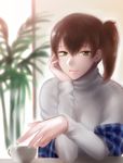  alternate_costume blurry brown_hair chin_rest cup depth_of_field kaga_(kantai_collection) kantai_collection lips looking_at_viewer ribbed_sweater short_hair shoukaki_(earthean) side_ponytail solo steam sweater teacup turtleneck upper_body yellow_eyes 