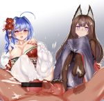  1boy 2girls absurdres ahoge alternate_costume amagi_(azur_lane) animal_ears azur_lane bangs bar_censor bare_shoulders black_legwear blue_hair blunt_bangs blush breasts breasts_outside brown_hair censored collarbone cum cum_on_body cum_on_clothes cum_on_feet cum_on_hair cum_on_lower_body cumdrip ejaculation eyebrows_visible_through_hair facial feet flower footjob fox_ears fur_collar gradient gradient_background hair_flower hair_ornament hand_on_own_chest heart heart-shaped_pupils highres japanese_clothes kimono large_breasts long_hair looking_at_viewer multiple_girls nail_polish nipples no_shoes off_shoulder open_mouth parted_lips penis pov purple_eyes purple_kimono red_kimono red_nails shiny shiny_skin sidelocks soles spread_legs st._louis_(azur_lane) symbol-shaped_pupils thick_eyebrows thighhighs toes transparent_censoring veins veiny_penis wenzheng147 white_legwear wide_sleeves 