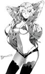  7th_dragon_(series) 7th_dragon_2020 arms_behind_head bikini breasts copyright_name cowboy_shot earrings greyscale hair_between_eyes jewelry large_breasts long_hair micro_bikini monochrome one_eye_closed psychic_(7th_dragon) simple_background solo swimsuit thighhighs very_long_hair white_background yosimura 