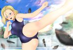  1girl absurdres android_18 ass blonde_hair blue_eyes blush breasts cameltoe dragon_ball dragonball_z earrings female fighting_stance highres jewelry large_breasts leg_up legs looking_at_viewer open_mouth pool serious short_hair shueisha sky solo swimsuit thighs water yadokari_genpachirou 
