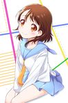  blush brown_eyes brown_hair looking_at_viewer mitsuki_meiya necktie nisekoi onodera_kosaki school_uniform serafuku short_hair sitting smile solo v_arms 