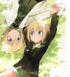  blonde_hair blue_eyes blush erica_hartmann eye_contact glasses holding_hands labcoat looking_at_another military military_uniform multiple_girls short_hair siblings sisters smile strike_witches tsuchii_(ramakifrau) twins uniform upside-down ursula_hartmann world_witches_series 