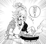  apron emphasis_lines frying_pan greyscale grilling l_hakase lowres male_focus monochrome open_mouth solo touken_ranbu translated turtle urashima_kotetsu white_background 