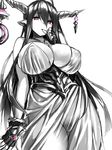  breasts cleavage covered_nipples danua draph dress finger_to_mouth fingerless_gloves gloves granblue_fantasy horn_ornament horns huge_breasts long_hair multiple_monochrome pubic_hair red_eyes see-through solo tsukumiya_amane very_long_hair 