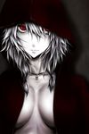  breasts cleavage collarbone cross hood hooded_jacket hoodie inverted_cross izayoi_sakuya jacket jewelry kazesayuru m.u.g.e.n medium_breasts necklace pale_skin red_eyes saku_(mugen) short_hair silver_hair smile touhou unzipped 