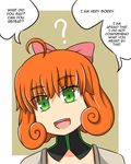  ? ahoge bob_cut bow dress english green_eyes hair_bow head_tilt highres lunarisaileron no_nose open_mouth orange_hair penny_polendina portrait rwby short_hair solo speech_bubble 