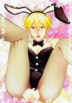 blonde_hair bow bowtie bulge bunny_ears bunny_tail bunnysuit crossdressing detached_collar fishnet_pantyhose fishnets gradient gradient_background kise_ryouta kuroko_no_basuke legs_up leotard looking_at_viewer open_mouth pantyhose tail tears trap wrist_cuffs yellow_eyes 