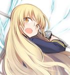 blonde_hair commentary_request from_behind glasses long_hair looking_at_viewer looking_back perrine_h_clostermann rapier solo strike_witches sword tsuchii_(ramakifrau) upper_body very_long_hair weapon world_witches_series yellow_eyes 