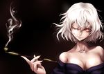  azami_(mugen) bare_shoulders breasts cleavage collarbone eyelashes japanese_clothes kazesayuru kiseru m.u.g.e.n medium_breasts one_eye_closed onozuka_komachi pipe red_eyes short_hair smile smoke smoking solo touhou upper_body white_hair 