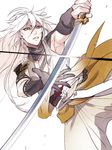  black_gloves gloves japanese_clothes katana kogitsunemaru long_hair male_focus red_eyes solo sword touken_ranbu weapon white_background zuwai_kani 