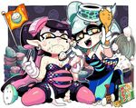  aori_(splatoon) belly bowl chopsticks collaboration cousins eating egg fangs feeding flag food force_feeding full_mouth gashi-gashi highres hotaru_(splatoon) multiple_girls pantyhose rice rice_bowl short_jumpsuit snot soy_sauce splatoon_(series) splatoon_1 sweat tears yoshino_norihito 