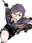  armor black_gloves blood blurry cuts depth_of_field double-breasted gloves holding holding_weapon injury japanese_armor male_focus military military_uniform necktie purple_eyes purple_hair shorts shoulder_armor sode solo sword touken_ranbu uniform weapon white_background yagen_toushirou zuwai_kani 