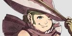  1girl blue_eyes brown_hair character_request fat fire_emblem hat official_art one_eye_closed simple_background solo wink winking 