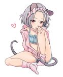  alternate_costume alternate_hairstyle animal_ears bow bra cinderella_bust frills full_body grey_hair hairband heart hood hoodie jacket long_sleeves looking_at_viewer midriff mouse_ears mouse_tail navel nazrin no_pants no_shoes open_clothes open_jacket pink_legwear red_eyes short_hair simple_background sitting socks solo tail touhou toujou_(toujou_ramen) track_jacket underwear white_background zipper 