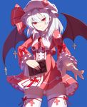  1girl alternate_costume alternate_hair_color baisi_shaonian bat_wings blue_background book cowboy_shot cross foreshortening from_below hat highres looking_at_viewer red_eyes remilia_scarlet simple_background smile solo thighhighs touhou white_hair white_legwear wings zettai_ryouiki 