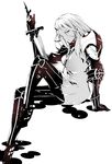  bad_id bad_pixiv_id character_request gauntlets greyscale jewelry long_hair looking_at_viewer monochrome necklace ozma_mow_gracious shoulder_armor simple_background sitting solo spaulders sword tactics_ogre weapon white_background yosimura 