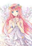  absurdres bad_id bad_pixiv_id blue_eyes crying crying_with_eyes_open dress ekita_xuan flower head_wreath highres just_be_friends_(vocaloid) long_hair megurine_luka paper_airplane parted_lips pink_hair red_string solo string tears vocaloid white_dress 