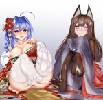  2girls absurdres ahoge alternate_costume amagi_(azur_lane) animal_ears anus ass azur_lane bangs bare_shoulders black_legwear blue_hair blunt_bangs blush breasts breasts_outside brown_hair collarbone cum cum_on_body cum_on_clothes cum_on_feet cum_on_hair cum_on_lower_body cumdrip eyebrows_visible_through_hair facial feet flower footjob fox_ears fur_collar gradient gradient_background hair_flower hair_ornament hand_on_own_chest heart heart-shaped_pupils highres japanese_clothes kimono large_breasts long_hair looking_at_viewer multiple_girls nail_polish nipples no_shoes off_shoulder open_mouth parted_lips purple_eyes purple_kimono red_kimono red_nails shiny shiny_skin sidelocks soles st._louis_(azur_lane) symbol-shaped_pupils thick_eyebrows thighhighs toes wenzheng147 white_legwear wide_sleeves 