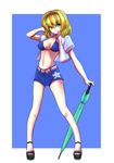  alice_margatroid belt bikini_top blonde_hair closed_umbrella hairband jacket kagayama_hajime open_toe_shoes planted_umbrella race_queen shoes short_hair short_sleeves shorts smile star touhou umbrella yellow_eyes 