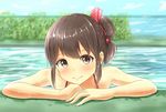  arm_support bad_id bad_pixiv_id bangs banned_artist bare_arms bare_shoulders blurry blush brown_eyes brown_hair day depth_of_field eyebrows_visible_through_hair fence hair_bun long_hair looking_at_viewer minagiku original outdoors pool poolside sidelocks sky smile solo water wet 