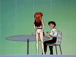  1boy 1girl 90s animated animated_gif bare_shoulders barefoot bikini breasts female ikari_shinji long_hair neon_genesis_evangelion screencap short_hair soryu_asuka_langley swimsuit 