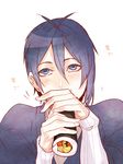  alternate_costume blue_eyes blue_hair blush eating food makizushi male_focus mikazuki_munechika ribbed_sweater solo sushi sweater touken_ranbu upper_body white_background zuwai_kani 