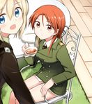  blonde_hair blush cup erica_hartmann long_hair looking_at_viewer military military_uniform minna-dietlinde_wilcke multiple_girls open_mouth red_hair sitting smile steam strike_witches tea teacup tsuchii_(ramakifrau) uniform world_witches_series 