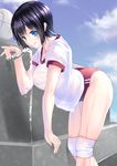  black_hair blue_eyes breasts buruma cloud day drinking_fountain gorua_(youce01) gym_uniform large_breasts looking_at_viewer original see-through short_hair sky solo water wet wet_clothes 