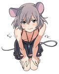  adapted_costume alternate_costume anger_vein animal_ears blush downblouse dress extended_downblouse flat_chest from_above grey_hair jewelry kneeling looking_at_viewer mouse_ears mouse_tail navel nazrin necklace no_bra red_eyes short_hair simple_background sleeveless solo sweatdrop tail text_focus touhou toujou_(toujou_ramen) trembling white_background 