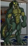  3_toes abs angry anthro biceps big_muscles big_paws bright_eyes claws comic digitigrade dinosaur fangs featureless_crotch fist green_skin inside keanon_woods lizard male muscles nude pecs reptile scalie teeth text toes toned transformation tusks 