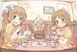  7010 :d blush bow brown_eyes brown_hair cup eating flower flying_sweatdrops food green_eyes hair_flower hair_ornament idolmaster idolmaster_cinderella_girls indoors looking_at_viewer macaron makihara_shiho mimura_kanako multiple_girls open_mouth parfait perspective pointing pointing_at_viewer sitting smile table teacup wafer_stick wainscoting 