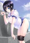  bad_id bad_pixiv_id black_hair blue_eyes breasts buruma cloud day drinking_fountain gorua_(youce01) gym_uniform hair_ornament hairclip large_breasts looking_at_viewer original see-through short_hair sky solo water wet wet_clothes 